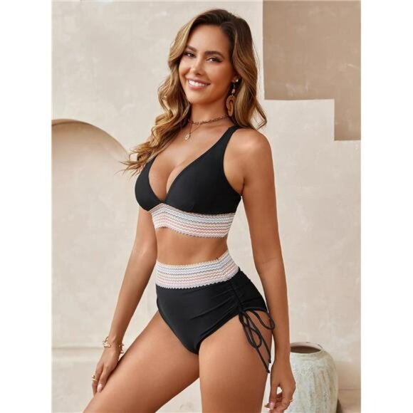 Colorful Striped Bikini Set High Waisted Ruched Tie Side Two Piece Swimwear - Picture 5 of 7